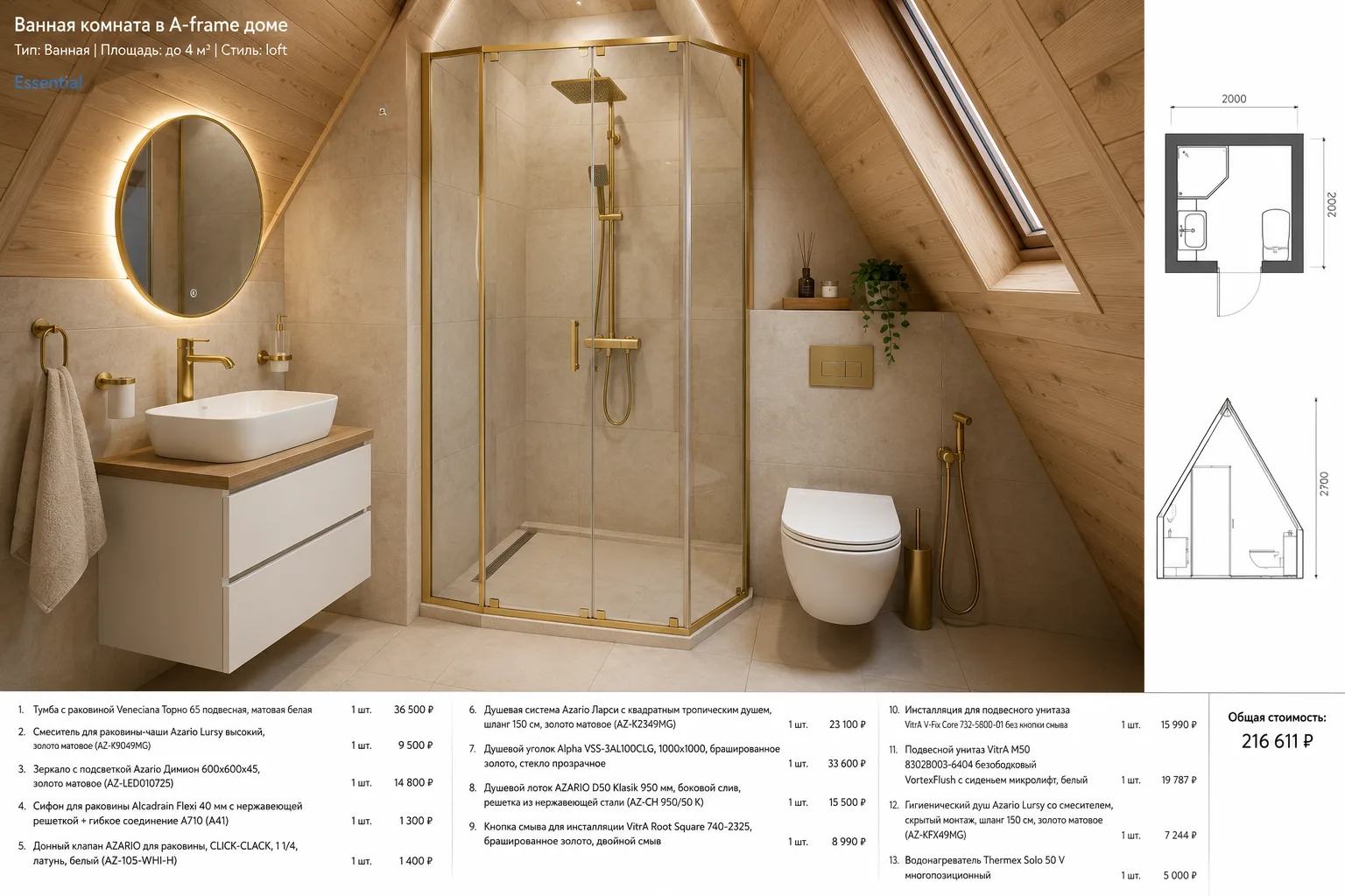 Ванная комната в A-frame доме — общий вид